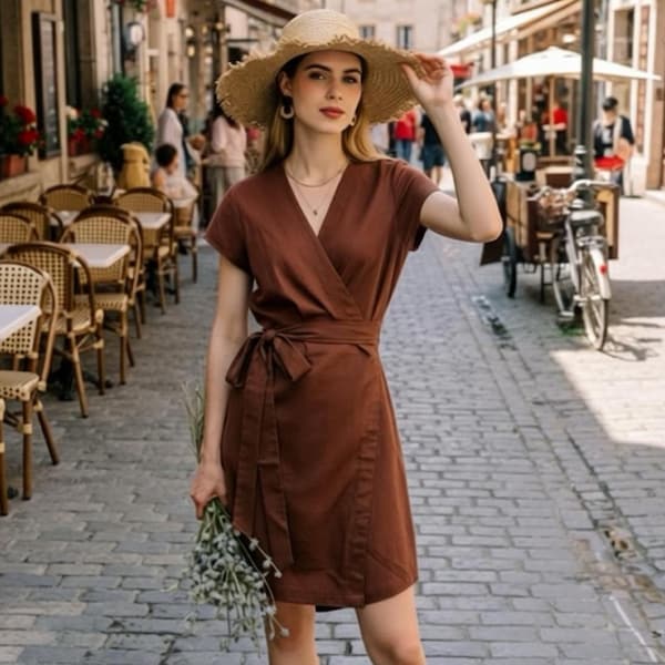 Linen Wrap Dress: Short Sleeve V-Neck Summer Dress
