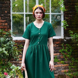 Linen Dress Short Sleeves JASMINE | V Neck Button Front Linen Dress | Linen Clothing for Women