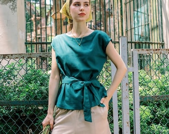 Linen Tie Waist Top - Handmade Clothing for Women