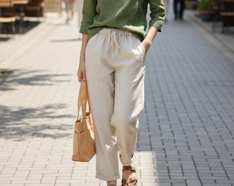 Loose linen pants | Tapered linen pants | Elastic Waist Pants | Premium Linen Clothing for Women