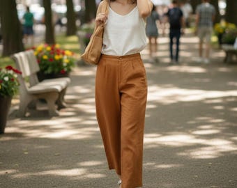 Linen Culottes, High Waist Wide Leg Pants, Relaxed Fit