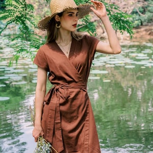 LINEN WRAP DRESS With Belt, Short Sleeve Linen Dress With Ties, V Neck Linen Dress, Short Dress, Summer Dress, Hannah Canvas