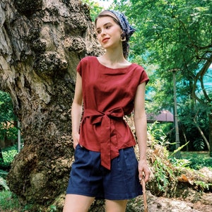 Linen Tie Waist Top - Handmade Clothing for Women