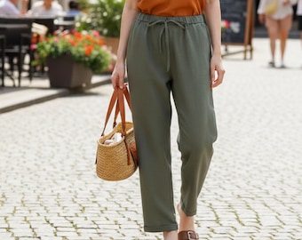 Loose linen pants | Tapered linen pants | Elastic Waist Pants | Premium Linen Clothing for Women
