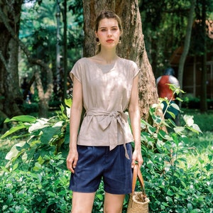 Linen Tie Waist Top - Handmade Clothing for Women