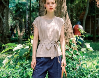 Linen Tie Waist Top - Handmade Clothing for Women