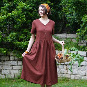 Linen Short Sleeves Dress JASMINE | V Neck Button Front Linen Dress | Linen Clothing for Women