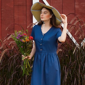 Linen Short Sleeves Dress JASMINE, V Neck Button Front Linen Dress, Women Summer Dress, Linen Clothing for Women