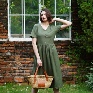 Linen Dress Short Sleeves JASMINE, V Neck Button Front Linen Dress, Linen Clothing for Women