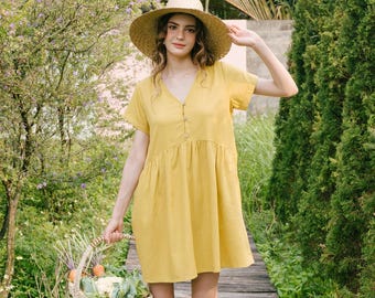 LINEN SHORT DRESS V Neck, Linen Mini Dress, Linen Sundress, V Neck Linen Dress, Short Dress, Summer Dress, Hannah Canvas