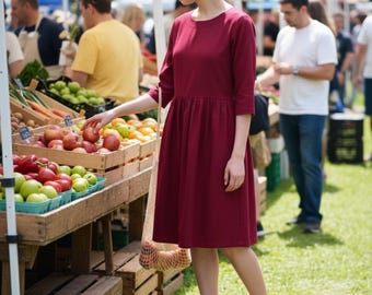 Linen Dress with Pockets ELLE, Loose Fit, 3/4 Sleeve Summer Dress