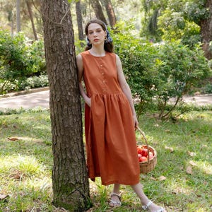 Linen Sleeveless Dress, Breathable Linen Dress with Boat Neckline, Loose Linen Dress, Summer Dress, Button Up Dress