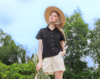 Linen short sleeves shirt - Handmade Clothing for Women