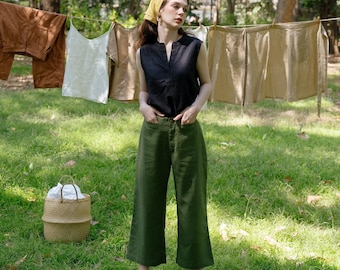 MID-CALF PANTS, Linen Crop Pants, Elastic-waist Linen culottes, Relaxed fit Linen Pants, Soft Linen Loose Culottes, Hannah Canvas