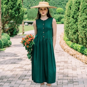 Linen Sleeveless Dress, Loose Linen Dress, Summer Dress, Button Up Dress