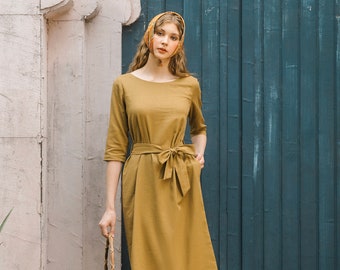 Linen Midi Dress | Elegant Short Sleeves Dress With Belt | Premium Linen Clothing for Women