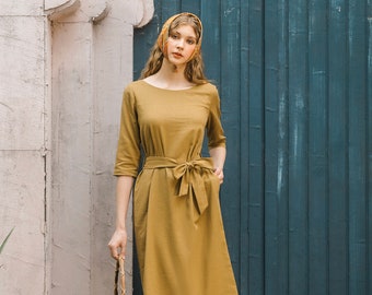LINEN MIDI DRESS, Elegant Short Sleeves Dress With Belt, Linen Dress for Woman, Waist Belt Dress, A Dress, Loungewear, Hannah Canvas