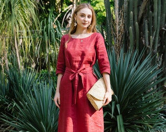 LINEN MIDI DRESS, Elegant Short Sleeves Dress With Belt, Linen Dress for Woman, Waist Belt Dress, A Dress, Loungewear, Hannah Canvas