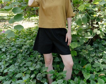 Linen Elegant 2-side elastic waist Shorts, Premium Linen Clothing for Women