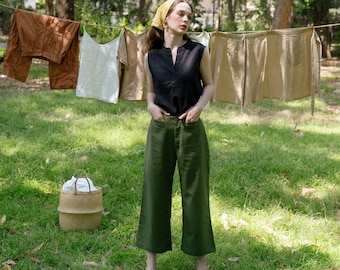 Mid-calf Linen Pants, Linen Crop Pants, Elastic-waist Linen Pants, Premium Linen Clothing for Women