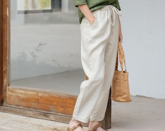 White Linen Trousers, 90s Elegant Casual Chic , Lined Linen