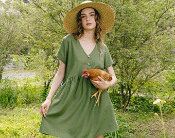 v neck short dress linen Linen Scallop V Neck Mini Dress