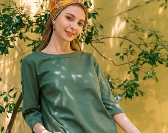 LINEN BLOUSE with Boat Neckline, Long Sleeves Loose Fit Blouse, Women Linen Top Boat, Hannah Canvas