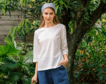 Linen Top Boat - Neck And Elbow Length Sleeves - Premium Linen Clothing for Women