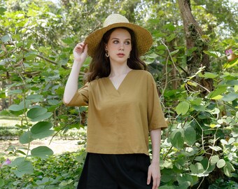 Deep V-Neck Blouse, Linen Blouse, Linen V-Neck Blouse, Premium Linen Clothing for Woman