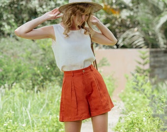 Short taille haute en lin - Vêtements en lin haut de gamme pour femme