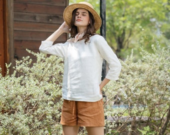 Linen Elastic Waist Shorts - Handmade Clothing for Women