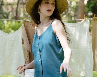 Linen Camisole With Buttons, Summer Linen Tank Top, Spaghetti Strap Top, Premium Linen Clothing for Women