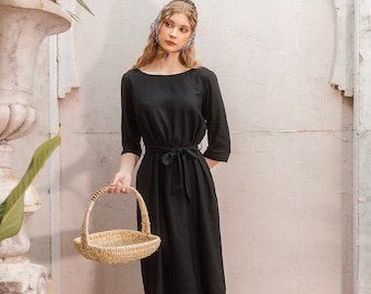 Linen dress with drop shoulder | Short sleeves midi dress | Elegant Short Sleeves Dress With Belt | Premium Linen Clothing for Women