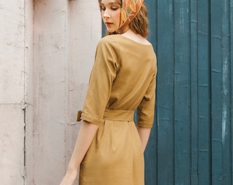 Linen Midi Dress, Elegant Belted Dress, 3/4 Sleeves