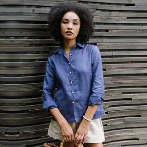 LINEN COLLAR SHIRT, Long Sleeves Loose Fit Shirt, Linen Shirt Women, Women Linen Top, Hannah Canvas