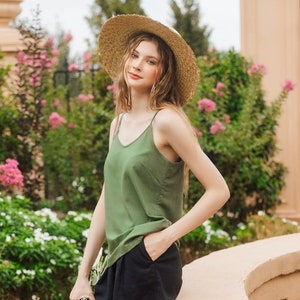 Linen Camisole V Neck Cami Top Premium Linen Clothing for Women Green