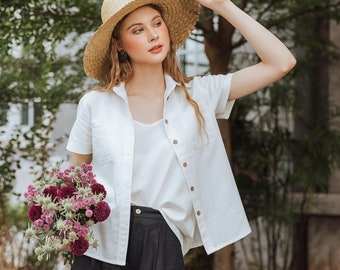 Linen SHORT SLEEVES SHIRT, Women Linen Shirt, Summer Top, Hannah Canvas