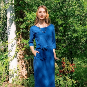 LINEN MIDI DRESS, Elegant Short Sleeves Dress With Belt, Linen Dress for Woman, Waist Belt Dress, A Dress, Loungewear, Hannah Canvas
