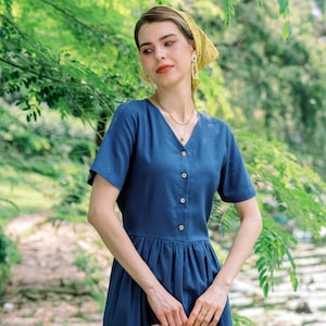 LINEN DRESS Jasmine, Short Sleeve Linen Dress, V Neck Button Front Linen Dress, Ruffled Linen Sundress, Summer Dress, Hannah Canvas