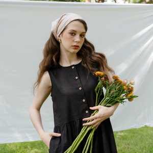LINEN SLEEVELESS DRESS, Comfy Linen Dress, Boat-neckline Dress, Linen Dress for Woman, A Dress, Button Up Dress, Hannah Canvas