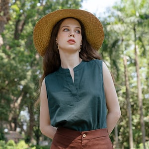 Linen Tank Top Split Neckline, Premium Linen Clothing for Women