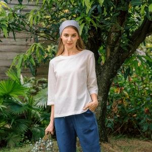 Linen Top Boat - Neck And Elbow Length Sleeves - Premium Linen Clothing for Women