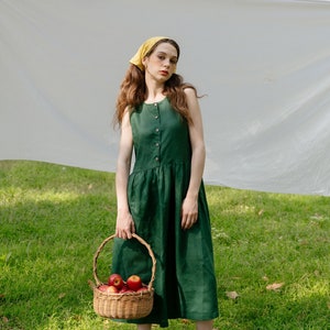 LINEN SLEEVELESS DRESS, Comfy Linen Dress, Boat-neckline Dress, Linen Dress for Woman, A Dress, Button Up Dress, Hannah Canvas
