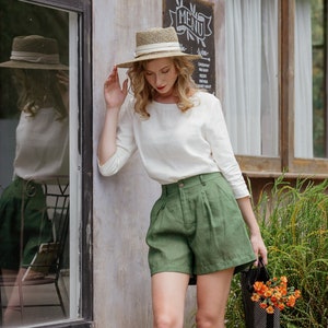 Linen High Waist Shorts Premium Linen Clothing for Women Olive