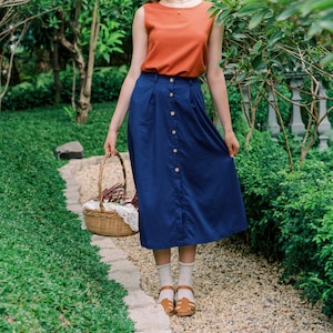 Long Button Down Linen Skirt, Midi Skirt, Linen Clothing for