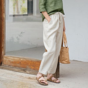 Linen Long Pants, Elastic Waist Pants Premium Linen Clothing for Women Beige