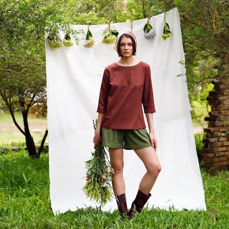 Loose Linen Top Boat-neck and Elbow Length Sleeves - Women Linen Blouse ...