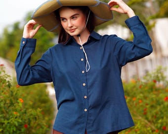 754---linen Shirt, Women's Stand Collar off White Loose Linen Top