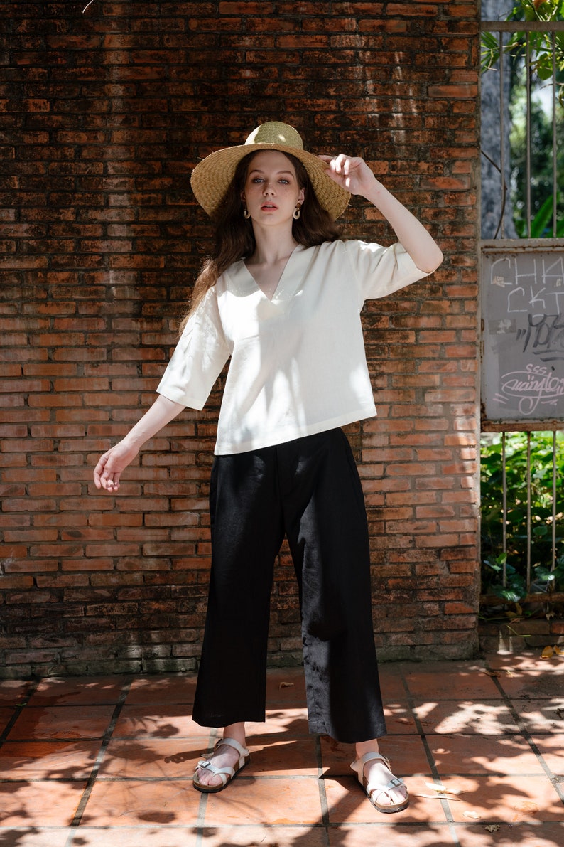 Pantalon en lin mi-mollet, Pantalon court en lin, Pantalon en lin à taille élastique, Vêtements en lin haut de gamme pour femme image 7