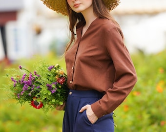 Linen Shirt, Long Sleeves Linen Collar Shirt, Women Shirt, Linen Clothing for Women
